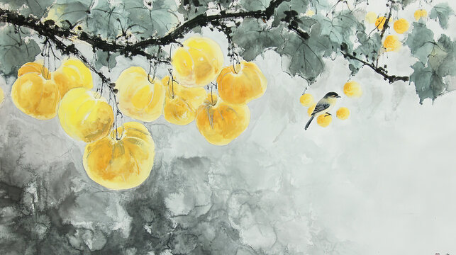 Ink painting gourd flowers bird branch light gray backdrop yellow fruits traditional style bright colors pleasant