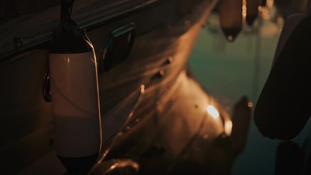 Boating fender hanging against boat hull reflecting golden sunset light on calm water surface.