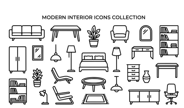 Creative furniture outline vector icon set with minimalist interior symbols