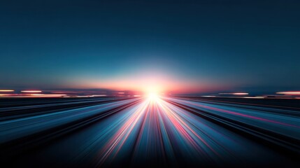 Fototapeta premium Highway light trails radiate from a bright central point against a darkening twilight sky