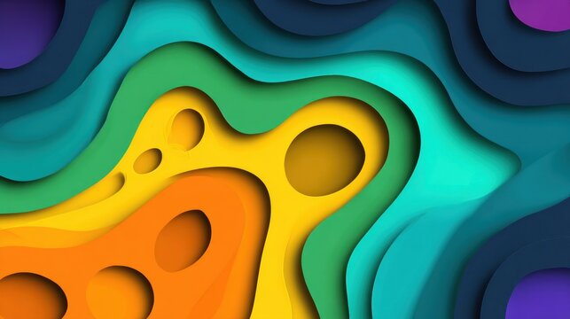 Vibrant, colorful layers simulate a three dimensional paper cut out effect creating an abstract wave pattern.