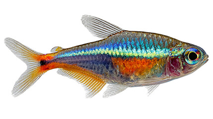 Fototapeta premium Small Neon Tetra Fish Swimming Isolated on Transparent Background
