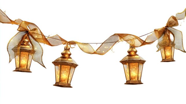 Decorative string of glowing lanterns and ribbon against a white background