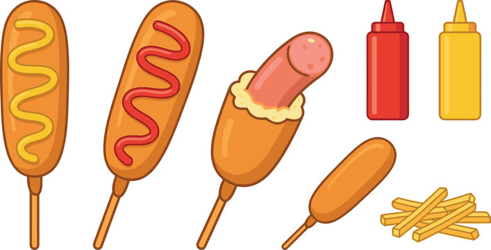 Corn Dog Fast Food and Street Snack Vector Collection with Ketchup, Mustard, French Fries, and Crispy Fried Sausage Elements