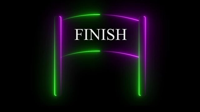 Neon glowing Green and Pink color finish banner icon on black background. Race finish flag icon animation.