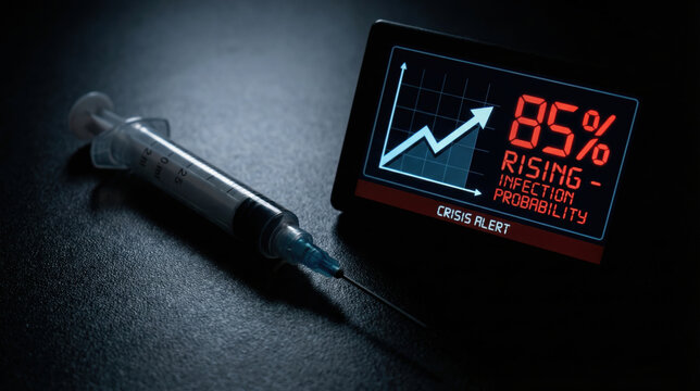 Health risk prediction concept with syringe and digital screen showing rising infection probability and crisis alert in dark setting