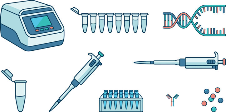 Laboratory Biotechnology and Genetic Research Vector Collection with DNA Strand, Micropipette, Test Tubes, PCR Machine, and Scientific Analysis Equipment