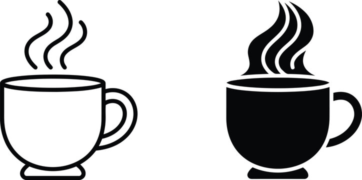 Steaming coffee cup icons outline and filled representing hot beverages with beverage, refreshment