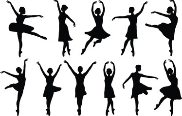 Silhouettes of ballet dancers in elegant classical poses including arabesques, pirouettes, and relevés representing artistic performance and dance themes © MstSakila