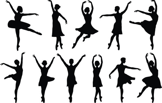 Silhouettes of ballet dancers in elegant classical poses including arabesques, pirouettes, and relev&eacute;s representing artistic performance and dance themes