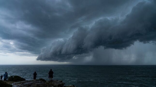 Dark shelf cloud and squall line approaching a coastal cliff over the ocean with visible heavy rain shafts, featuring silhouettes of people standing on rocks watching the storm.