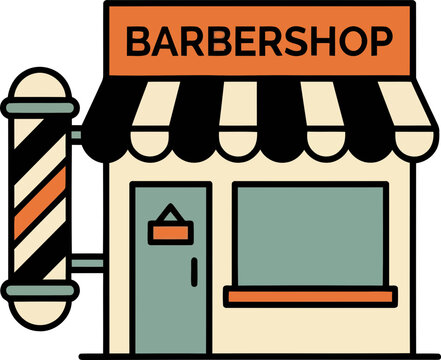 A cartoon illustration of a barbershop storefront with a pole and awning