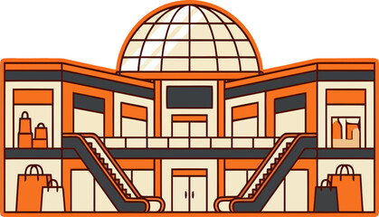 A vibrant orange and beige shopping mall with escalators and a dome © MacKenzie