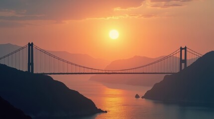 Obraz premium Large suspension bridge over the water at sunset with golden light and orange sky