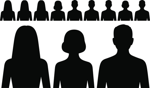 Silhouettes of diverse human profiles showing variations in hair and head shapes representing individuality, identity, and demographic diversity