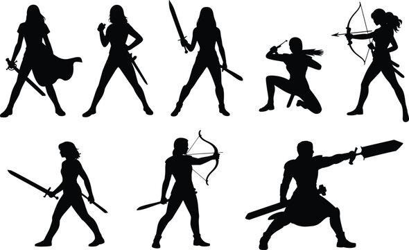 Silhouettes of fantasy warriors in dynamic battle poses with swords, daggers, and bows representing heroic adventure and epic combat