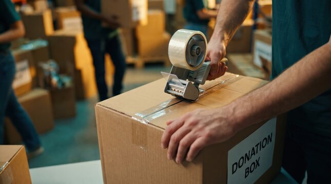 Hands sealing a cardboard donation box with a tape dispenser, charity work and humanitarian aid volunteering concept, horizontal for social service.