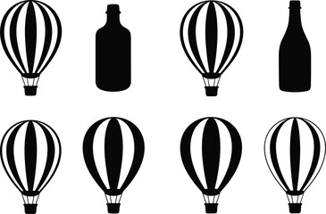 Silhouettes of hot air balloons with striped patterns and bottle shape comparison representing design, symmetry, and decorative illustration themes © MstSakila