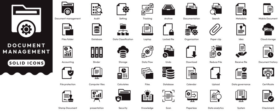 Document management icon set contains audit, setting, tracking, archive, search, cloud storage, idea, paper clip, organization, locked file, classification, database. Solid icons vector illustration