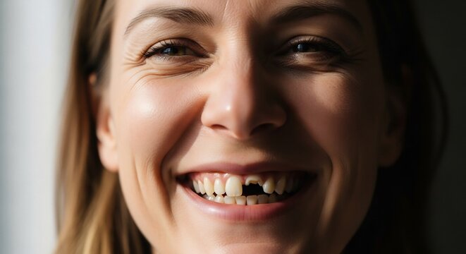 Close up portrait of a smiling woman with a missing tooth.