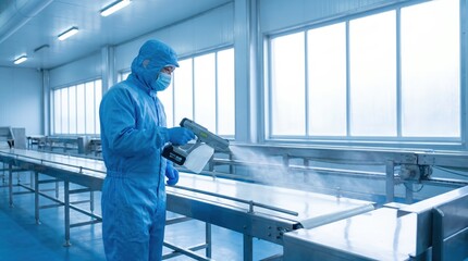 Fototapeta premium Worker in blue PPE suit spraying disinfectant on an industrial conveyor belt, food safety and industrial hygiene concept for sterile facility maintenance