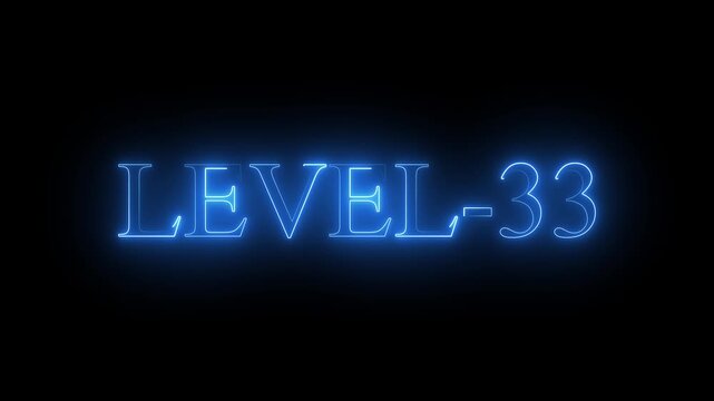 Neon glowing Level-33 text inside a horizontal banner on black background. blue color level 33 text icon animation. 