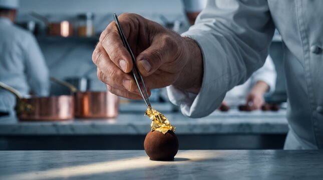 Professional chef placing gold leaf on chocolate truffle in luxury kitchen. Fine dining culinary art concept, gourmet dessert preparation and expertise.