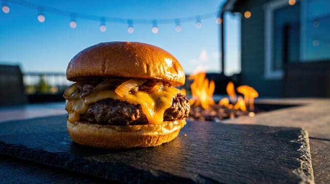 Gourmet cheeseburger with melted cheddar and onions on slate board, backyard barbecue lifestyle, evening terrace with fire pit and string lights.