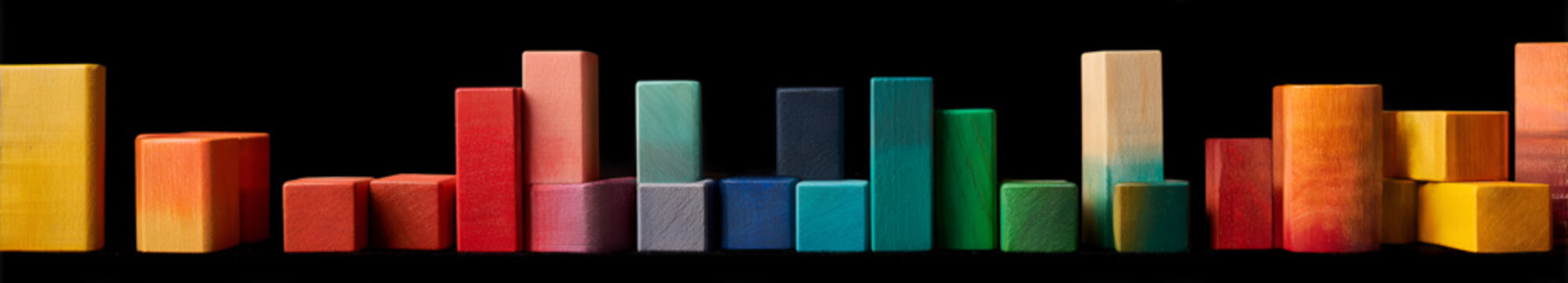 A colorful arrangement of various rectangular boxes in a skyline formation against a black background.