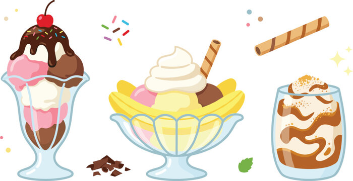 Ice Cream Sundae and Banana Split Vector Set Featuring Whipped Cream, Chocolate, Sprinkles, Wafers, and Dessert Glasses for Websites, Apps, and Digital Designs
