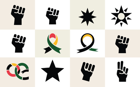 Juneteenth celebration symbols and icons set with fists stars and ribbons on beige background