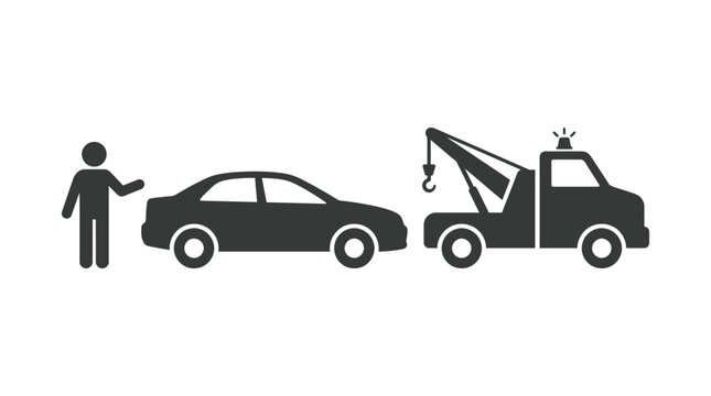 Icon illustration of a person requesting assistance from a tow truck for their broken-down car