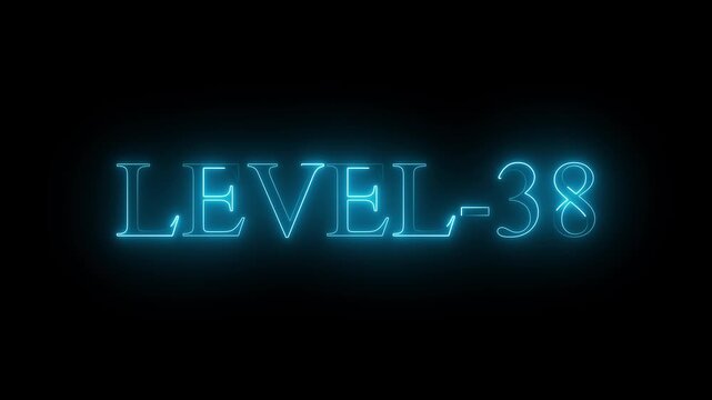 Neon glowing Level-38 text inside a horizontal banner on black background. Navy blue color level 38 text icon animation. 