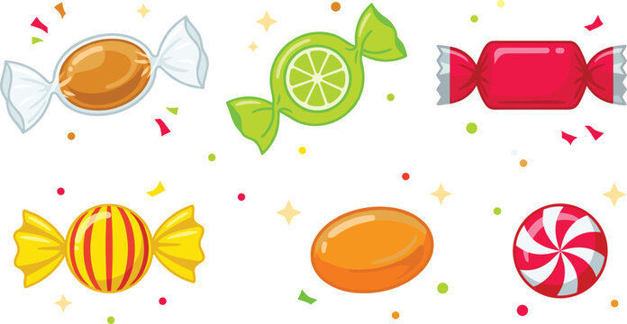 Colorful Candy Vector Set Featuring Wrapped Sweets, Hard Candy, Peppermint, and Fruit-Flavored Candies for Websites, Apps, and Digital Designs