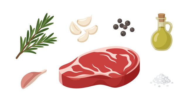 Raw Ribeye Steak With Fresh Herbs And Seasoning Ingredients.