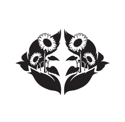 Fototapeta premium Symmetrical design of sunflowers in cupped hands silhouette with sunflower environment agriculture blooming symmetrical protection