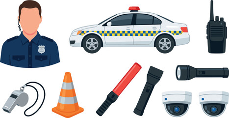 Police Officer and Law Enforcement Equipment Vector Collection with Patrol Car, Security Cameras, Flashlight, Traffic Cone, and Emergency Communication Tools © MD SOJIB 