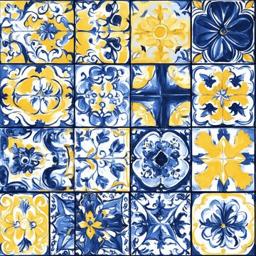 Seamless pattern of traditional Portuguese azulejos in blue and yellow, arranged as patchwork of ornate hand-painted tiles