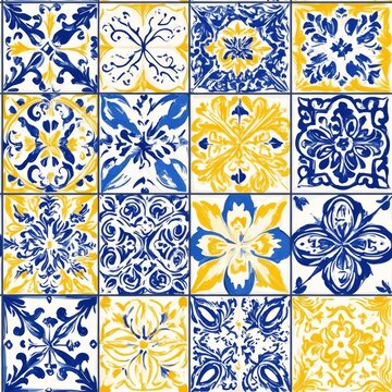 Seamless pattern of traditional Portuguese azulejos in blue and yellow, arranged as patchwork of ornate hand-painted tiles