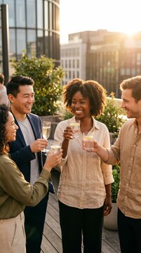 Diverse group of happy friends toasting with drinks on a rooftop terrace at sunset, enjoying an urban social gathering during golden hour