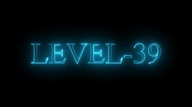 Neon glowing Level-39 text inside a horizontal banner on black background. Navy blue color level 39 text icon animation. 