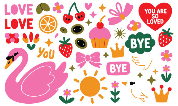 Pink heart-shaped card with love and farewell messages, surrounded by floral and star doodles