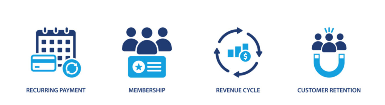 Subscription business model icon set. recurring payment, revenue, customer, retention, service. solid style icon collection.