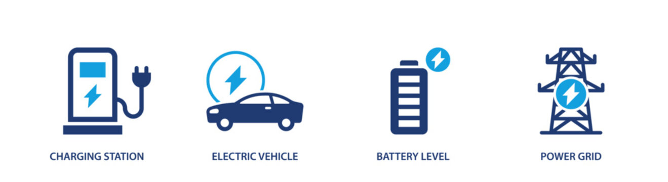 EV charging infrastructure icon set. electric vehicle, battery, energy, station, transportation. solid style icon collection.