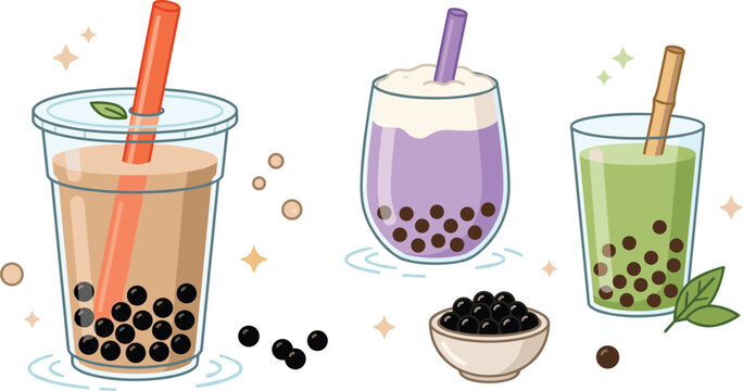 Bubble Tea Vector Set Featuring Tapioca Pearls, Milk Tea, Matcha, and Taro Drinks for Websites, Apps, and Digital Beverage Designs