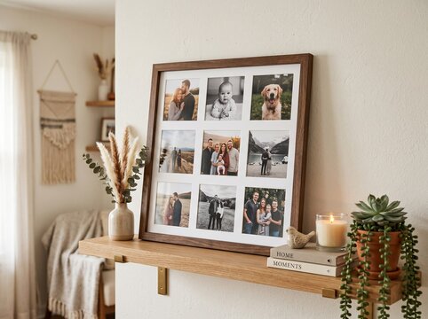 Modern oak square collage picture frame featuring 9 openings, styled beautifully on a wooden floating shelf against a warm neutral wall background.
