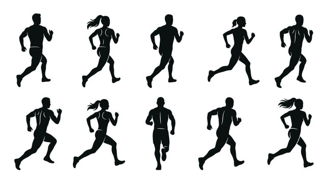 Set of silhouettes of people running in various poses.