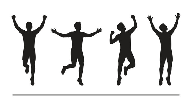 Set of silhouettes of winning athletes celebrating victory with raised arms.