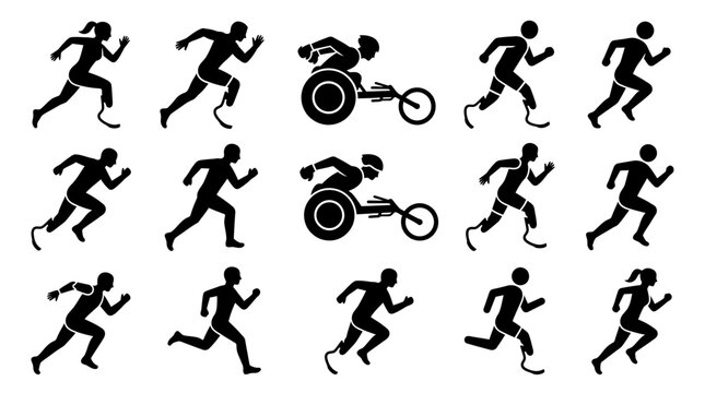 Set of silhouettes of people with disabilities participating in various sports activities.