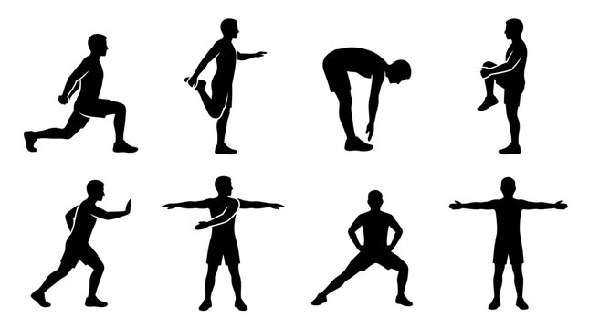 Set of silhouettes showing men doing various stretching and warm up exercises.
